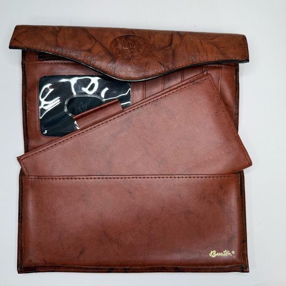 Buxton Floral Embossed Top Grain Cowhide Marbled Brown Trifold Leather Wallet - Picture 1 of 7